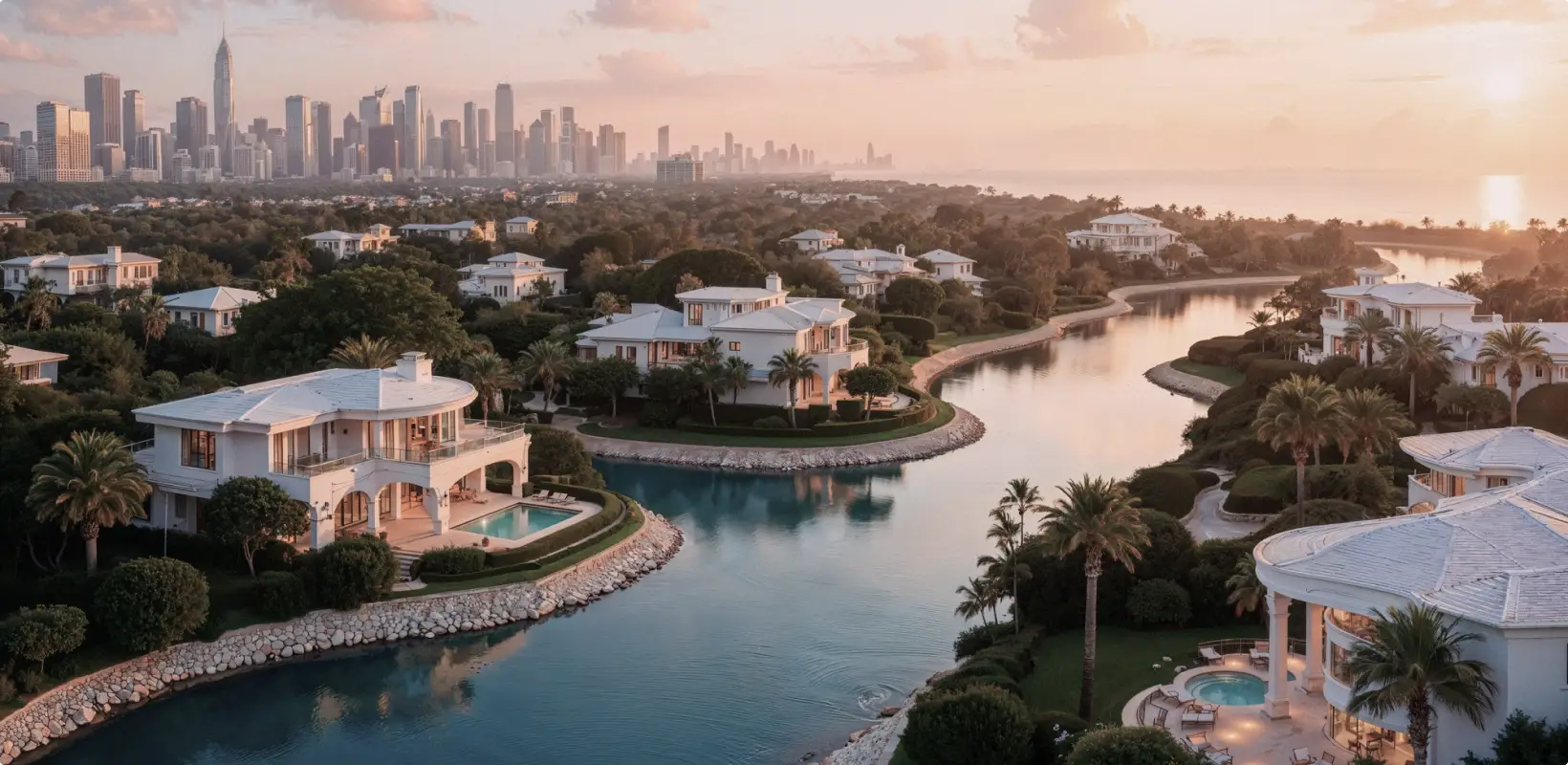 Scenic view of luxury properties and city skyline at sunset